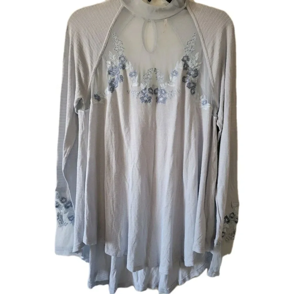 Free People Saheli Top Glacier Ice Lace Embroidered Long Sleeve Tunic Size S